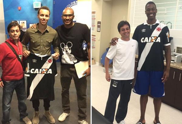 Alex Evangelista ao lado dos jogadores dos Warriors: Stephen Curry, Leandrinho e Barnes
