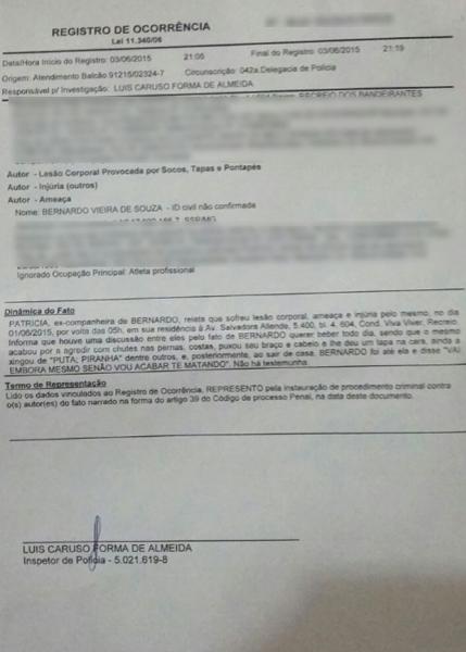 Registro de ocorrncia contra o jogador Bernardo
