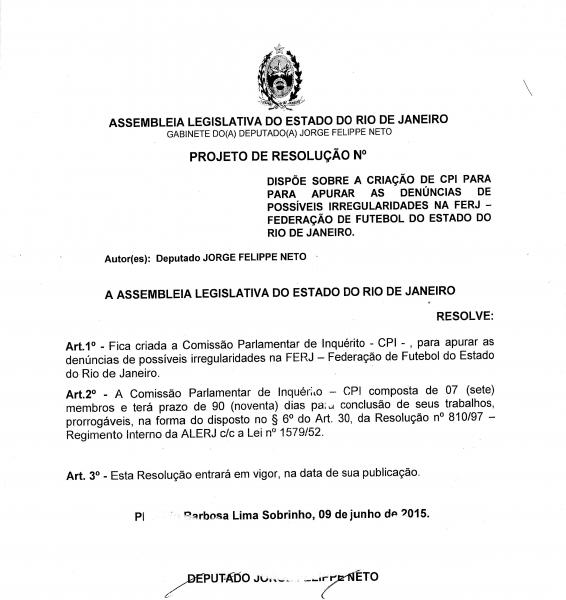 Documento de pedido para a CPI da Ferj