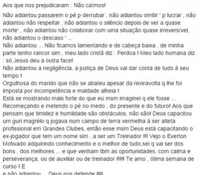 Desabafo da mulher de Everton Costa nas redes sociais: mgoa com ex-clubes e descaso de dirigentes