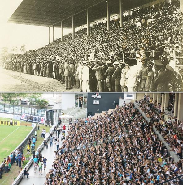 Cadeiras sociais do Vasco lotadas: foto antiga em cima e atual embaixo