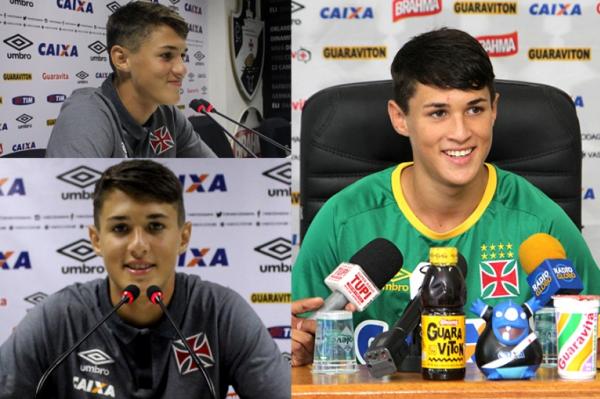 Mateus Vital em dois momentos: durante treinamento de mdia em So Janurio (esquerda) e concedendo a primeira entrevista coletiva como profissional (direita)