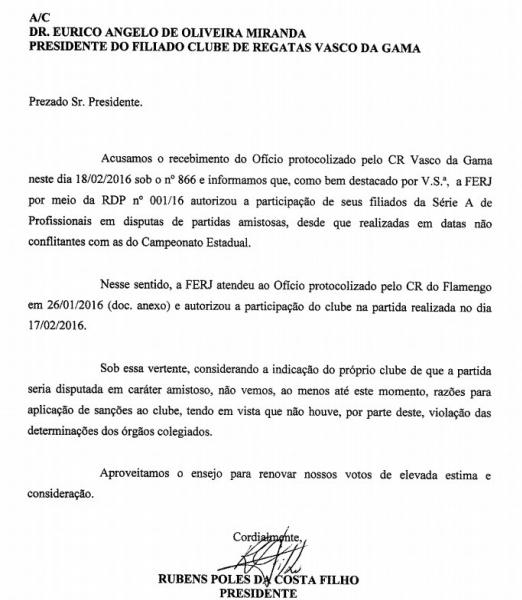 Resposta da Ferj, que afirma ter aprovado participao de Fla e Flu na Primeira Liga