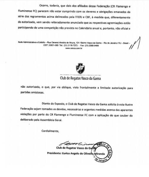 Ofcio enviado pelo Vasco para Federao, pedindo punio aos rivais