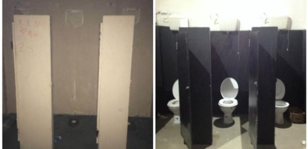 Lado esquerdo, banheiro destrudo por torcida do Fla. No direito, como ficou aps obra