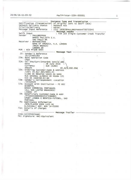 Comprovante do envio do pagamento ao Benfica