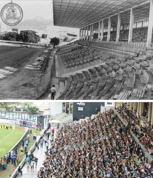 Cadeiras de madeira nos anos 1930: sem vidro ou grade, pblico hoje fica prximo do campo como nos primeiros anos do estdio