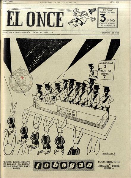 Capa da revista El Once que retrata os jogadores vascaínos, com esteriótipos raciais, ensinando os jogadores do Barcelona a arte de jogar futebol