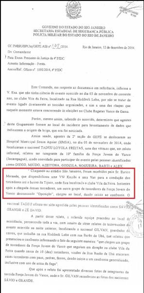  Trecho de dossiê do MP sobre organizada. Segundo investigação, Eurico contribuiu com transporte para organizada brigar com oposição em período eleitoral