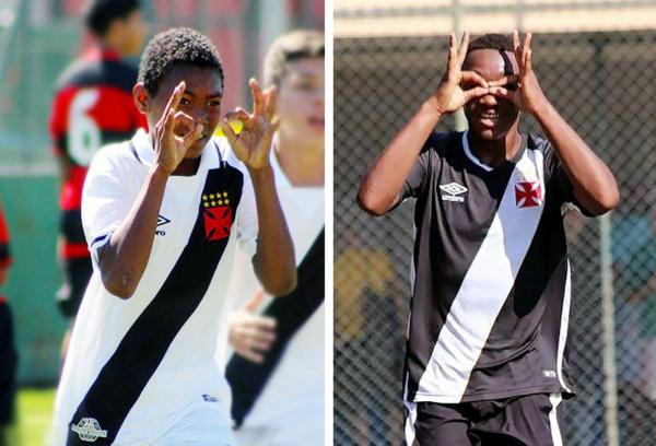 Gabriel, do sub-12, e Matheus, do sub-13, comemoram gol à moda Paulo Vitor