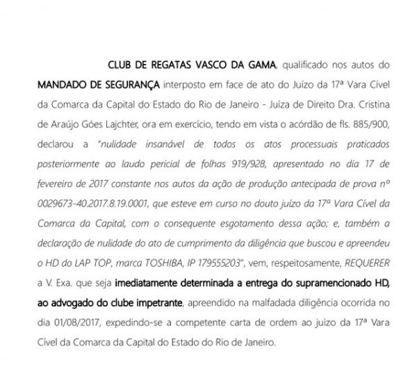 Pedido de devolução do HD feito pelo Vasco no dia 11 de dezembro