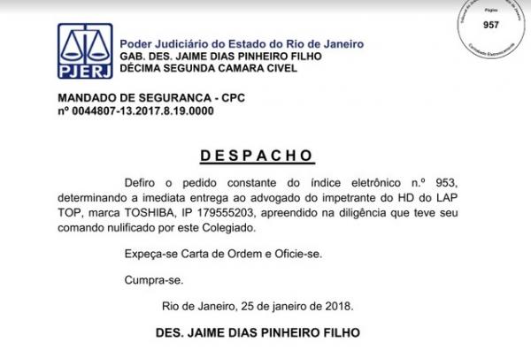Desembargador determina a devolução do HD, no dia 25 de dezembro
