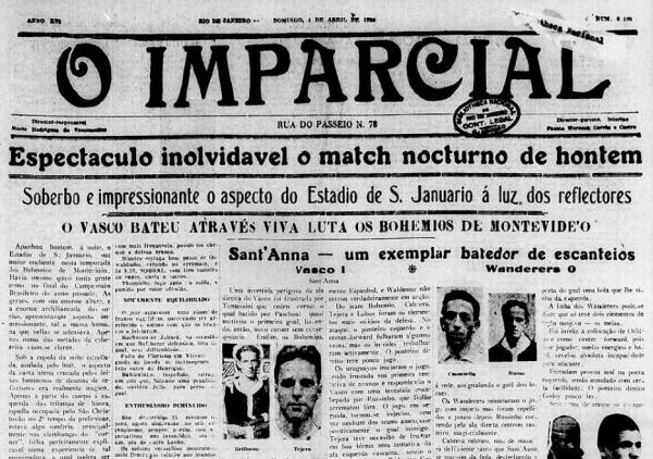 Primeira página do jornal O Imparcial destacando o jogo histórico