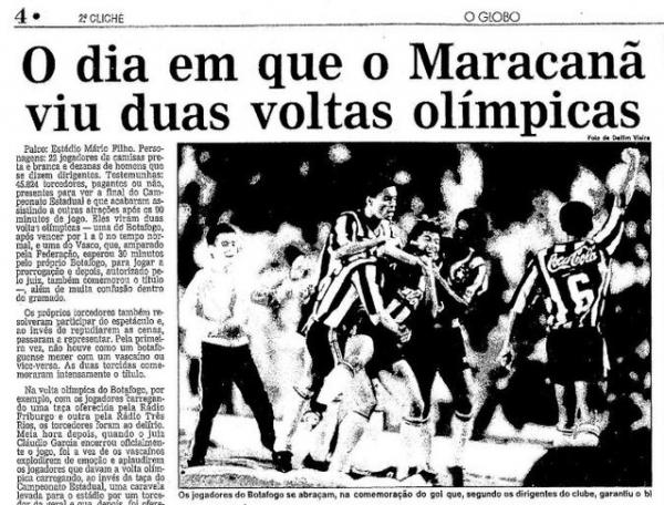 Reportagem do O Globo no dia seguinte à decisão do Campeonato Carioca de 1990 entre Vasco e Botafogo 