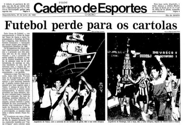 Matéria do Caderno dos Esportes do O Globo no dia seguinte à final entre Vasco e Botafogo, no Campeonato Carioca de 1990