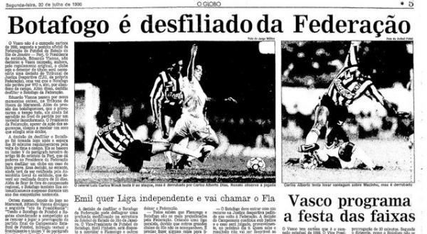 Reportagem do O Globo no dia seguinte à decisão noticia que Botafogo foi desfiliado da Federação 