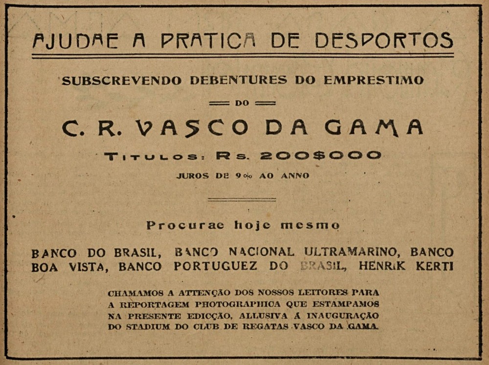 Anúncio em jornal da época fala de investimento oferecido pelo Vasco para angariar fundos para construir São Januário