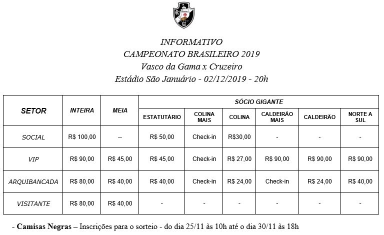 Informações sobre ingressos para Vasco x Cruzeiro – Vasco da Gama