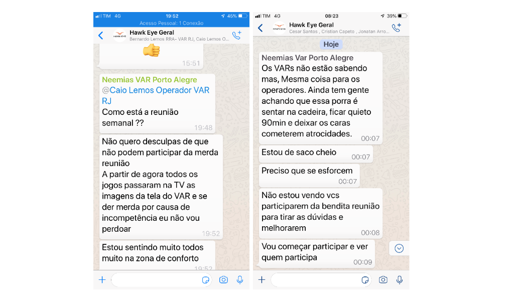 Neemias critica operadores e árbitros de vídeo abertamente em grupo de WhatsApp da empresa