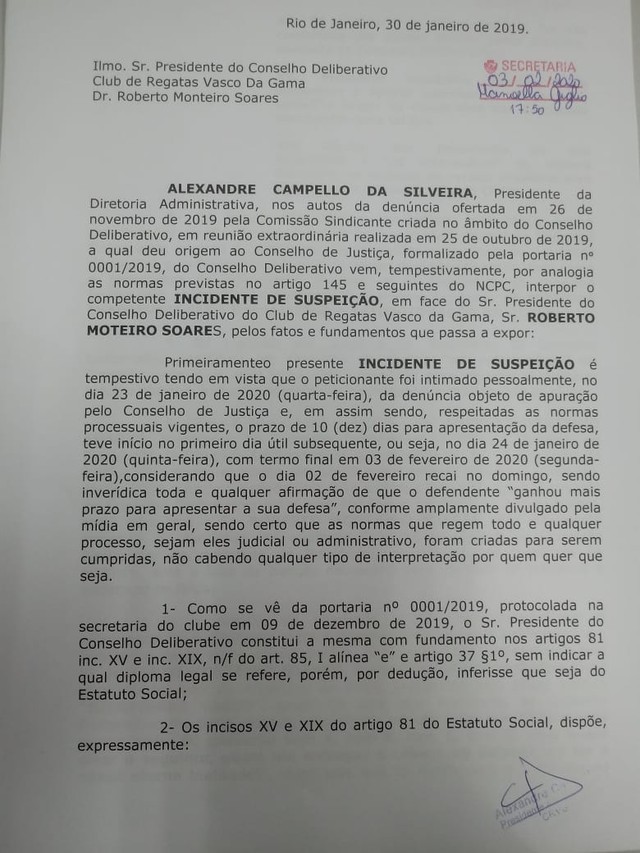 Documento em que Alexandre Campello pede afastamento de Roberto Monteiro do caso