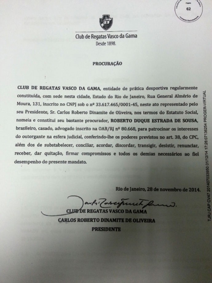 Procuração assinada por Roberto Dinamite para Duque Estrada realizar o acordo com Macedo