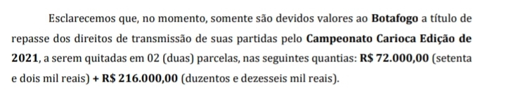 Trecho do documento da Record informando pagamentos ao Botafogo pelo Carioca em TV aberta em 2021