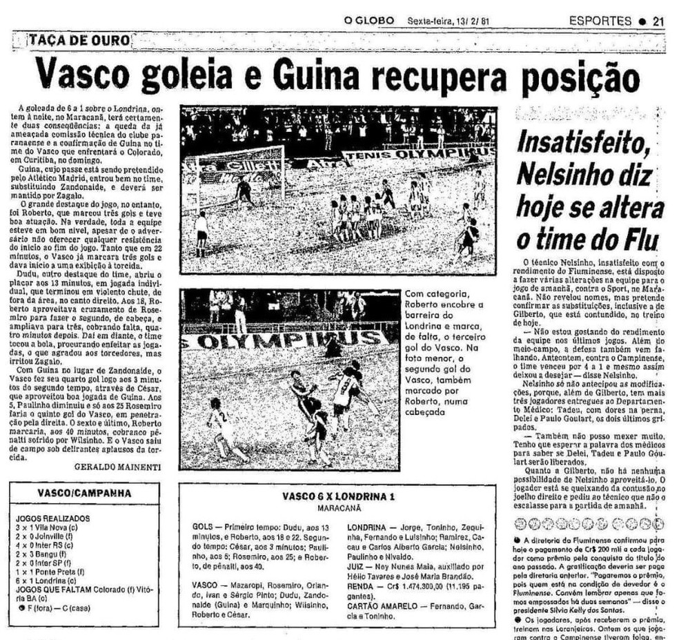 Vasco goleia o Londrina em 12 de fevereiro de 1981