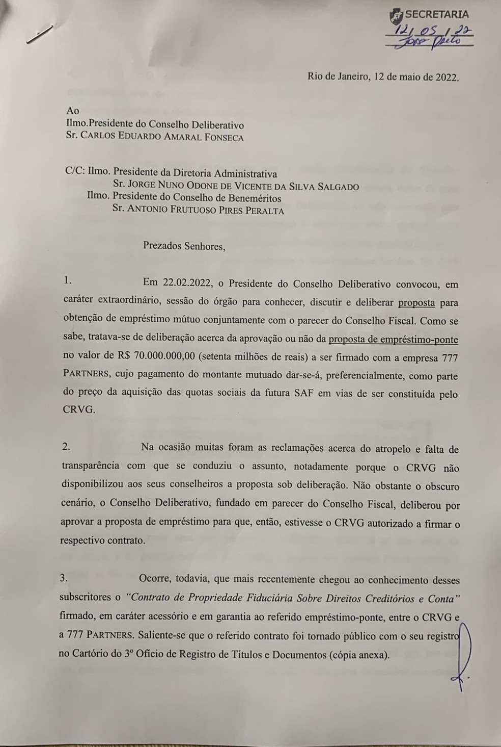 Ofício da oposição questiona trechos do contrato de empréstimo do Vasco com a 777