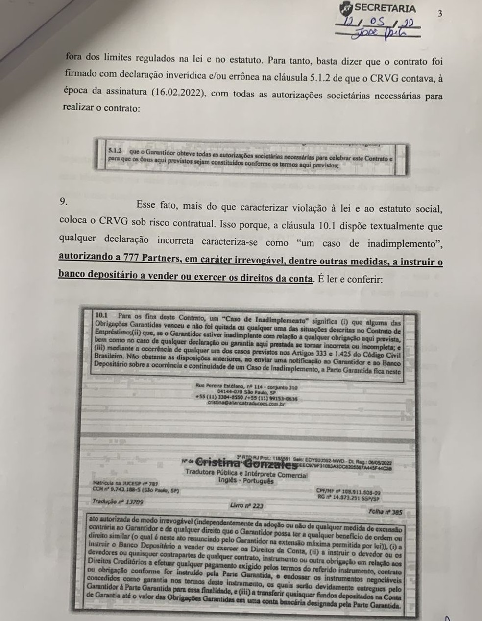 Trecho do documento protocolado pela oposição do Vasco sobre o empréstimo da 777