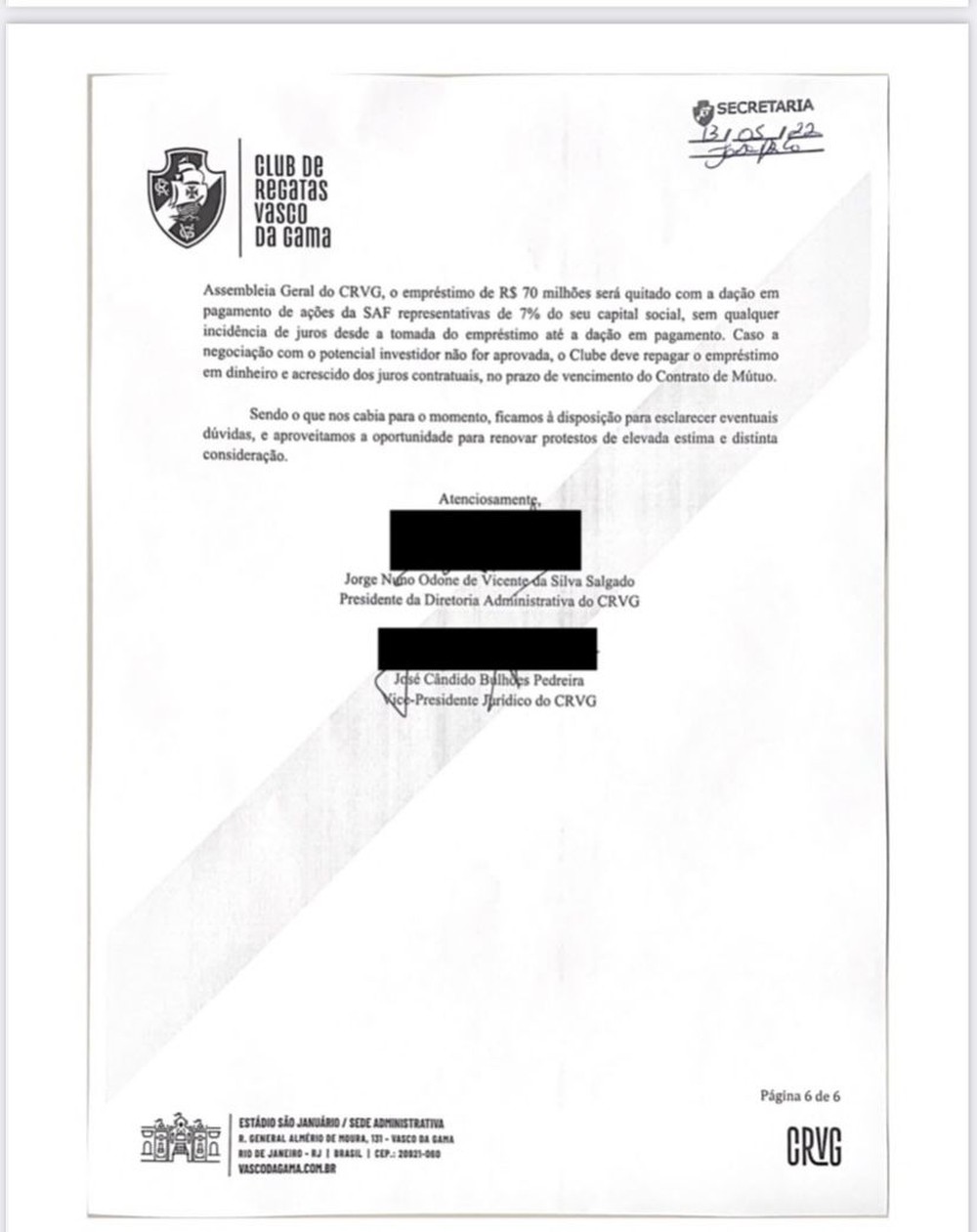 Vasco protocola ofício com respostas a questionamentos de opositores sobre garantias dadas a 777