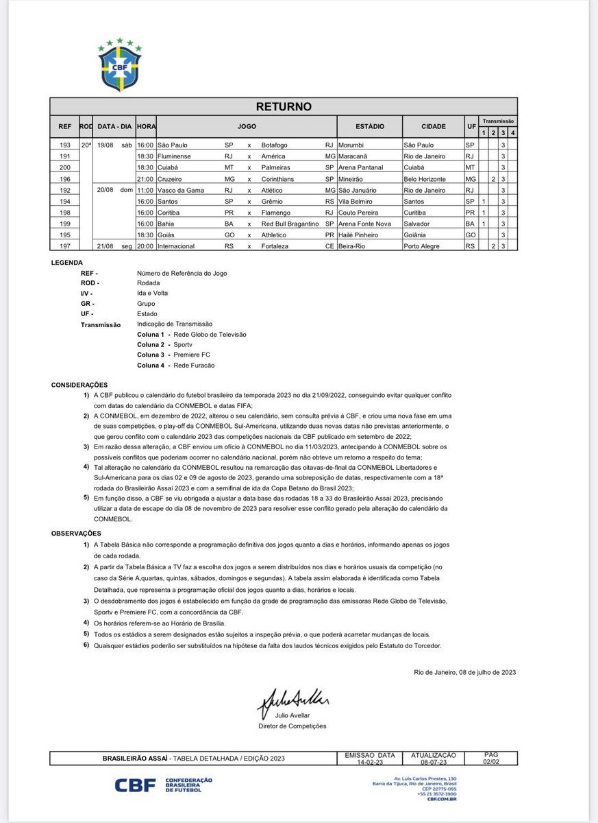 NETVASCO - CBF divulga tabela completa da 20ª à 29ª rodada do Brasileiro