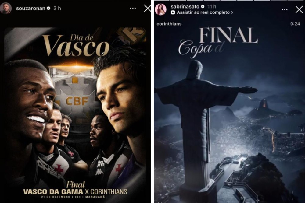 Ronan Souza e Sabrina Sato mostram a torcida por seus times no dia da final da Copa do Brasil, entre Vasco e Corinthians &mdash; Foto: Reprodução/Instagram