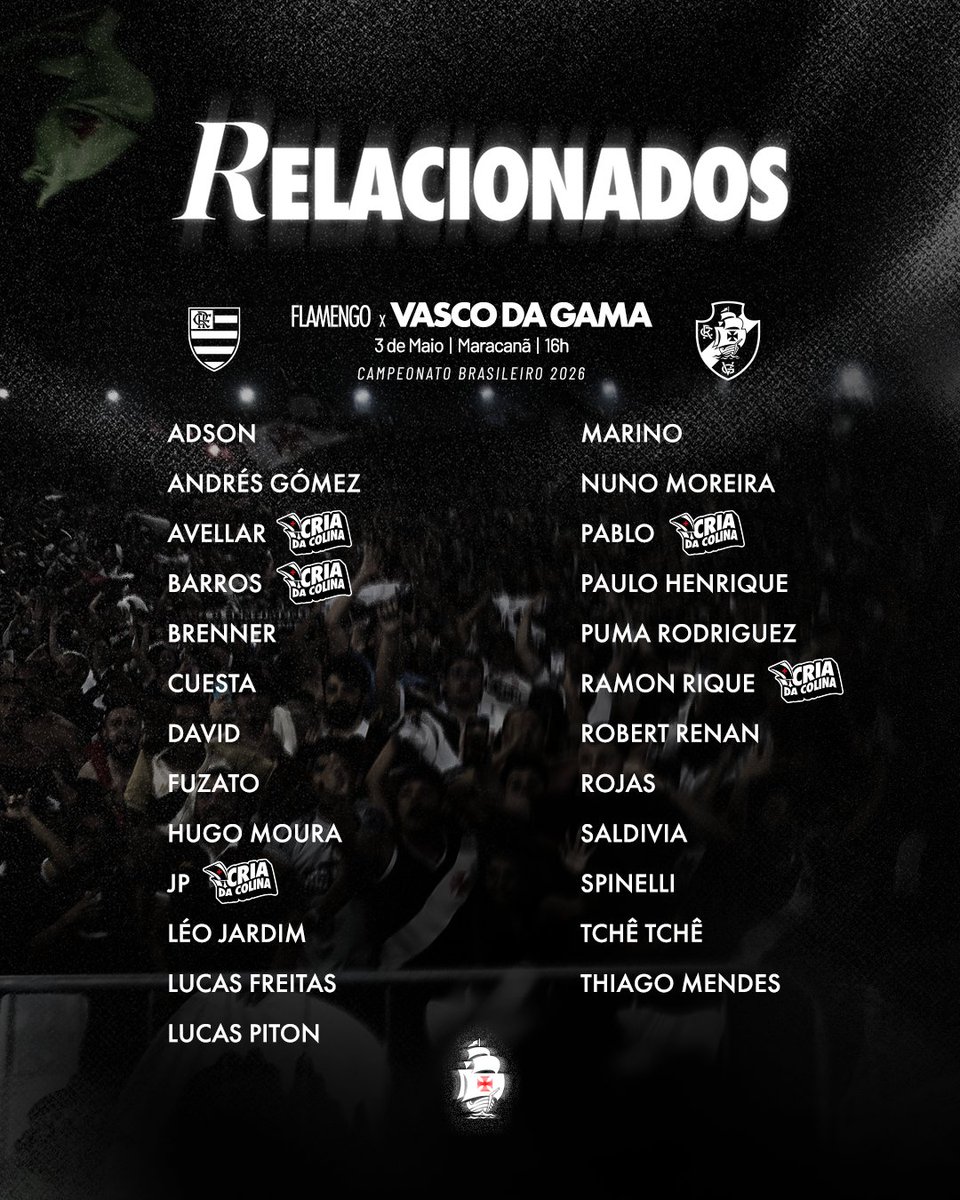 Vasco divulga relacionados para enfrentar o Flamengo no Maracanã; Cuiabano continua fora
