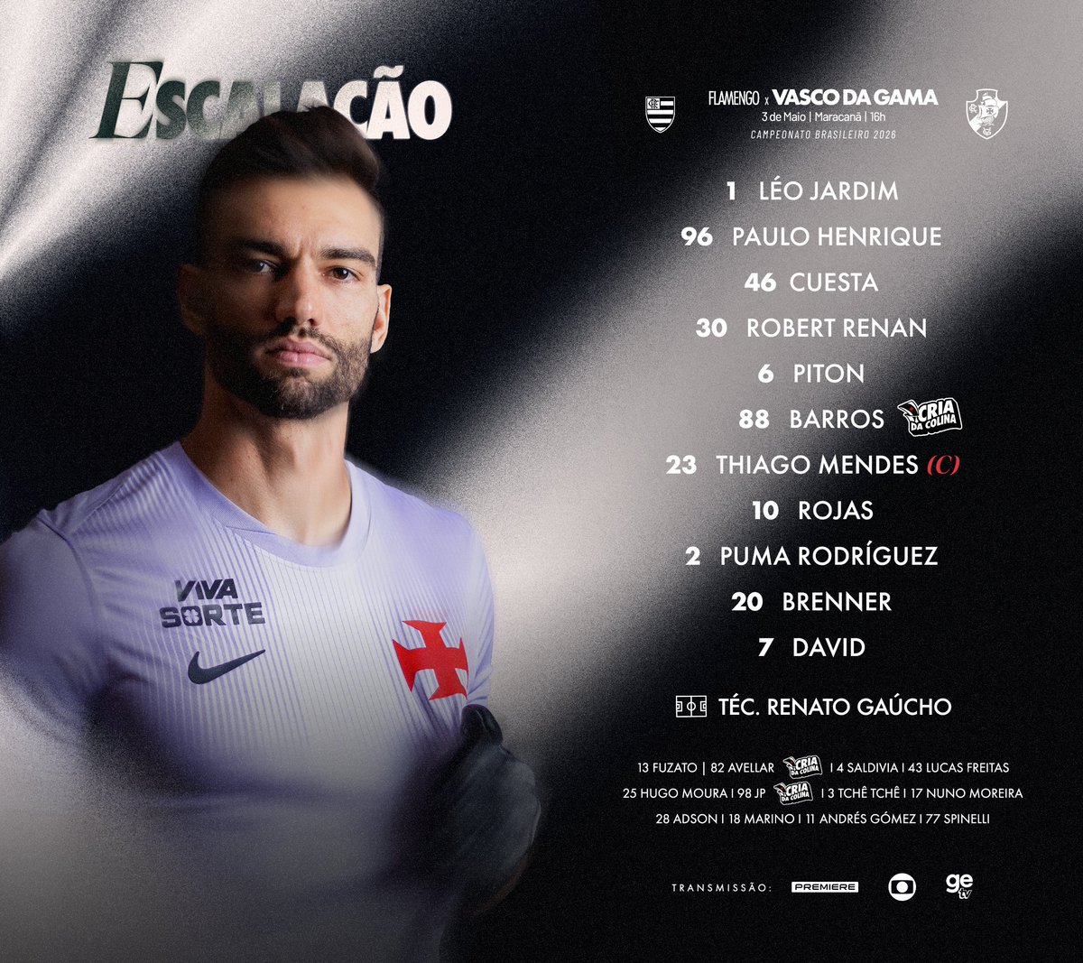 Escalação do Vasco para enfrentar o Flamengo no Maracanã: Paulo Henrique e Puma Rodríguez titulares