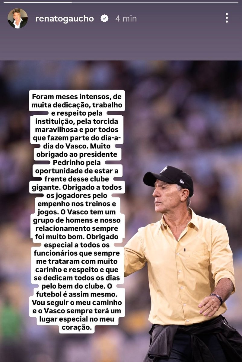 Renato Gaúcho se pronuncia após saída do Vasco: 'O Vasco sempre terá um lugar especial no meu coração'