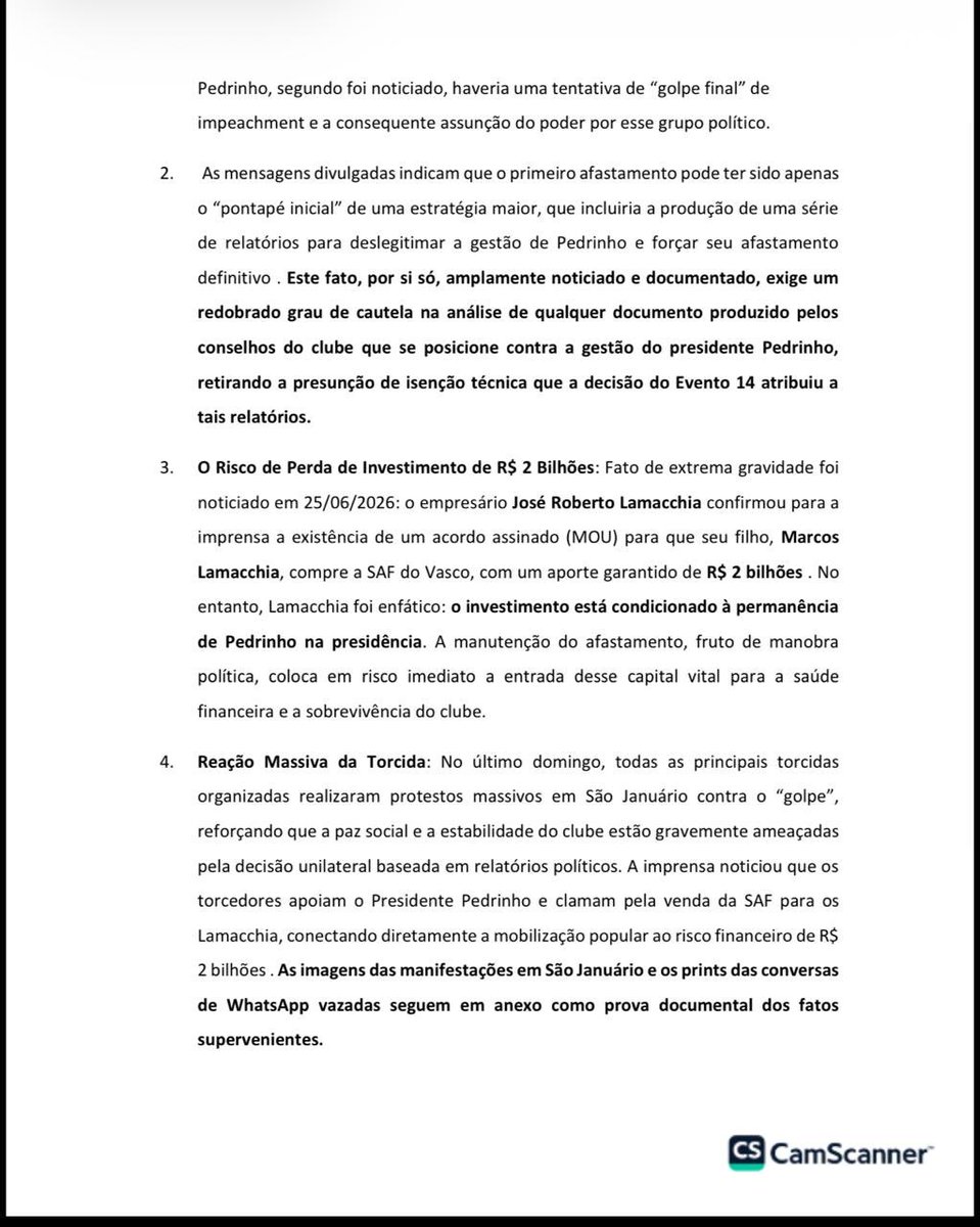 Manifestação é protocolada no processo que resultou no afastamento liminar de Pedrinho da SAF do Vasco