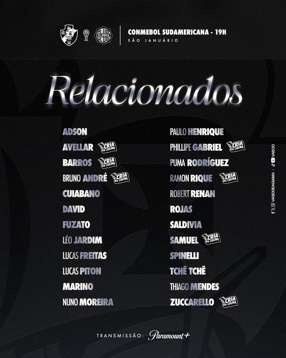 Vasco atualiza situação de jogadores e divulga relacionados para o jogo contra o Olimpia