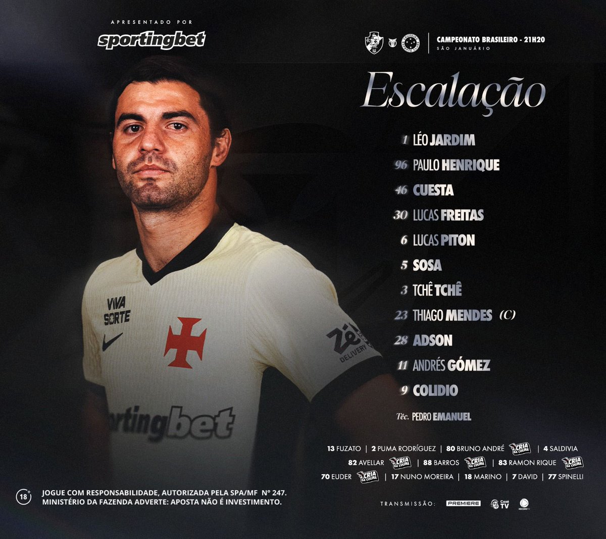 Colidio, Adson e Andrés Gómez no ataque: escalação do Vasco para encarar Cruzeiro com Lucas Freitas no lugar de Robert Renan