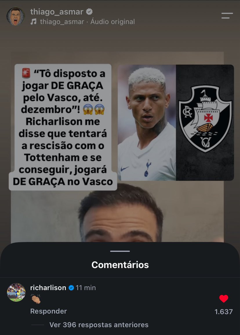 Richarlison diz a jornalista que gostaria de rescindir com o Tottenham e jogar de graça pelo Vasco até o fim do ano