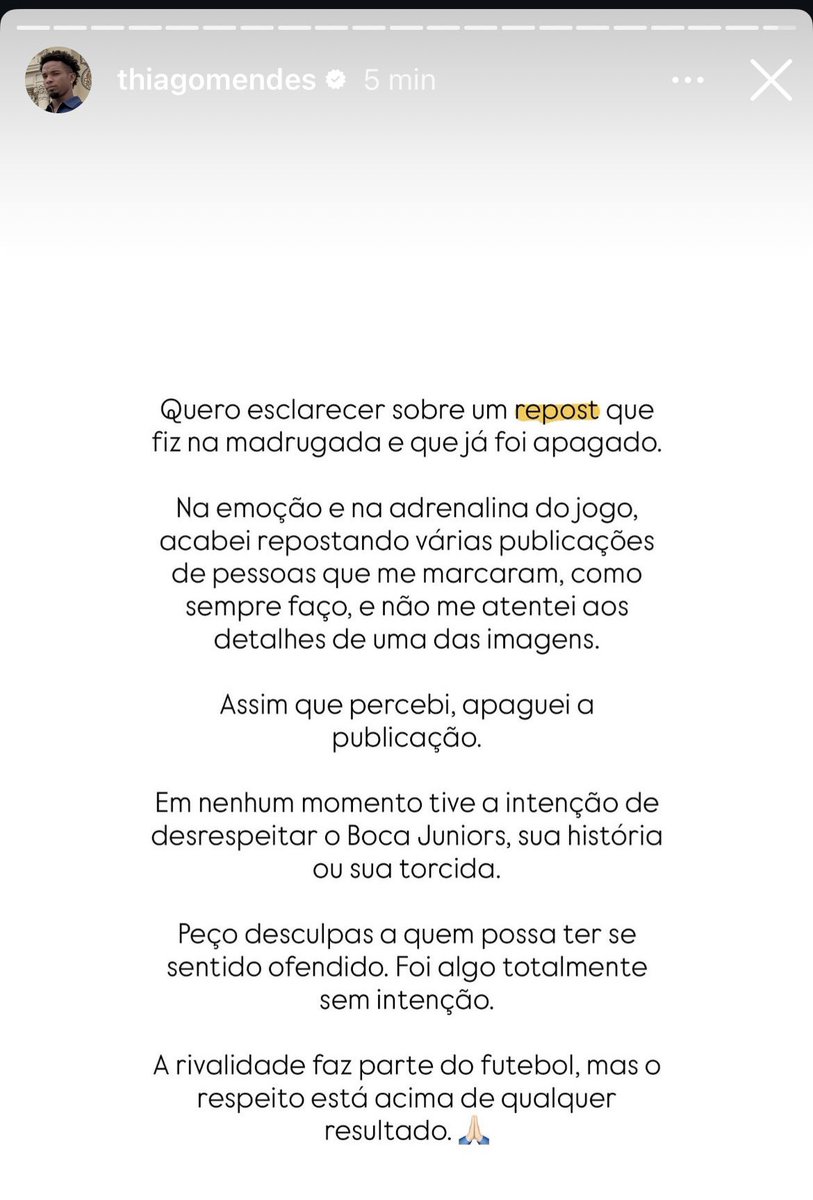 Thiago Mendes: 'Em nenhum momento tive a intenção de desrespeitar o Boca Juniors, sua história e sua torcida'